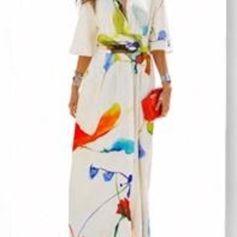 UOOZEE Women's Half Sleeve Asymmetric Printed Tied Waist Lapel Maxi Dress